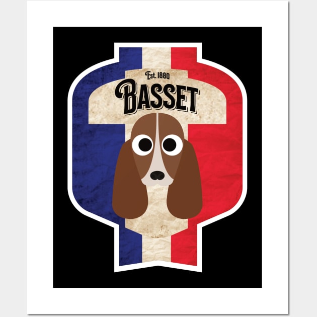 Basset Hound Dog - Distressed French Tricolore Basset Beer Label Design Wall Art by DoggyStyles